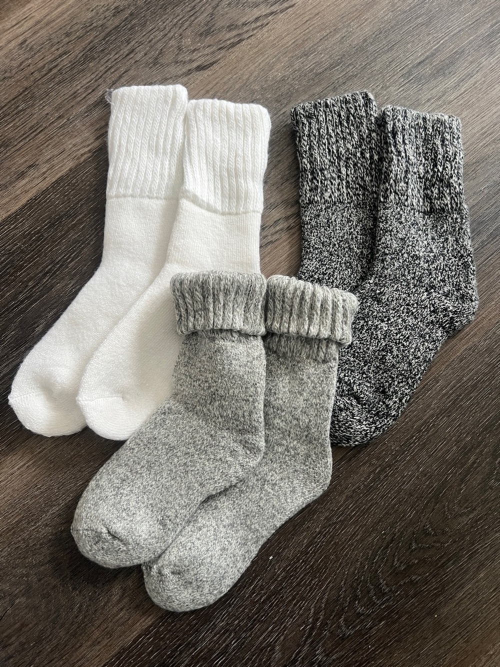 (9) New 3 pack Wool Boot Socks - White, Light Gray, Charcoal